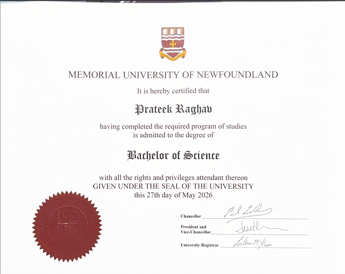 Bachelor's in Computer Science degree from Memorial University of Newfoundland