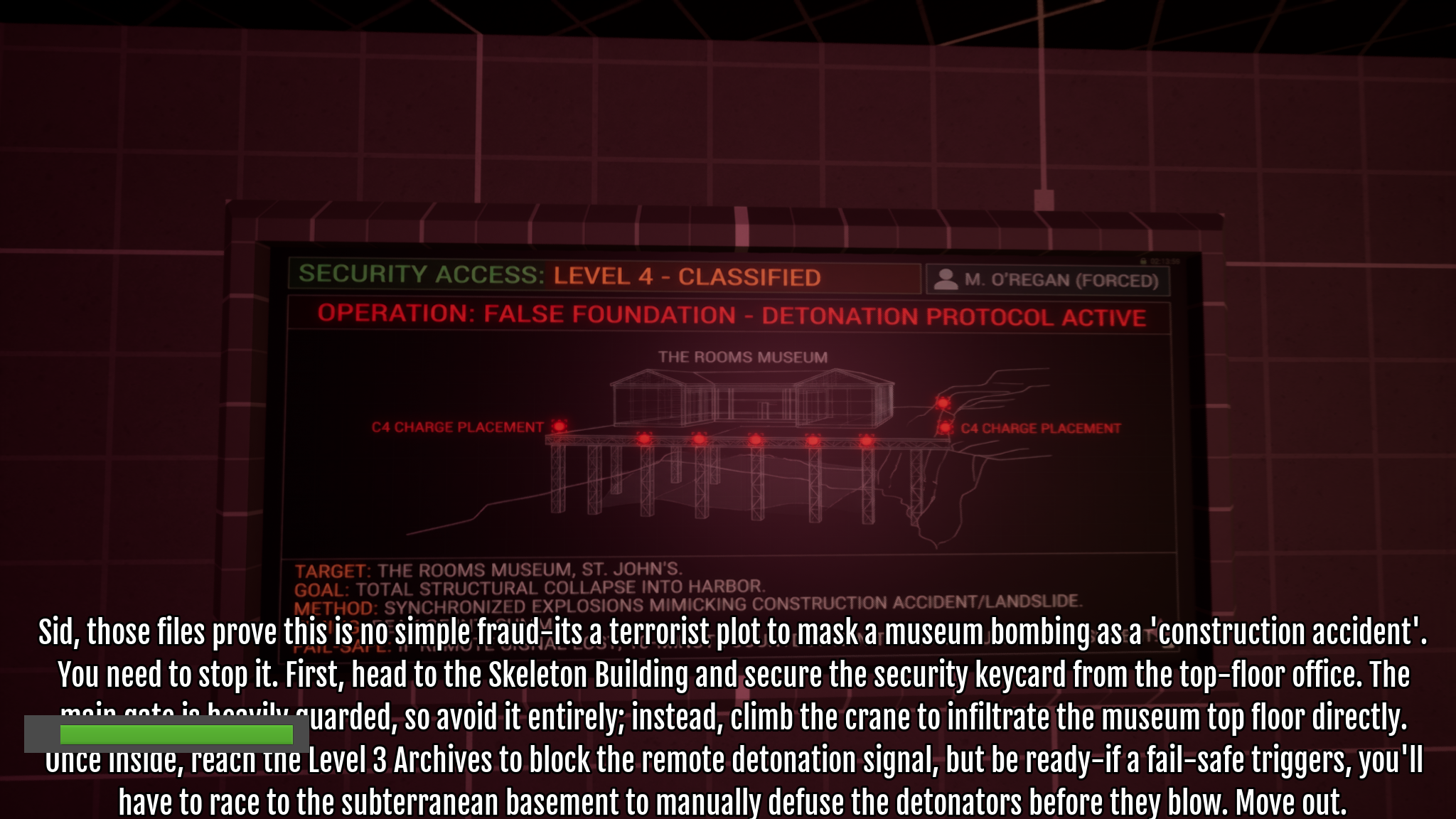 Site Trailer terminal: blueprint with C4 markers and detonation protocol warning